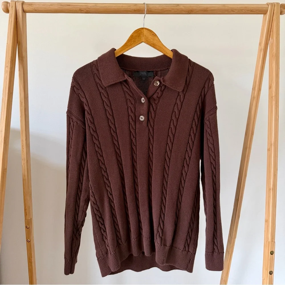Zara Cable Knit Collared Henley Polo Oversized Sweater in Chocolate Brown - S